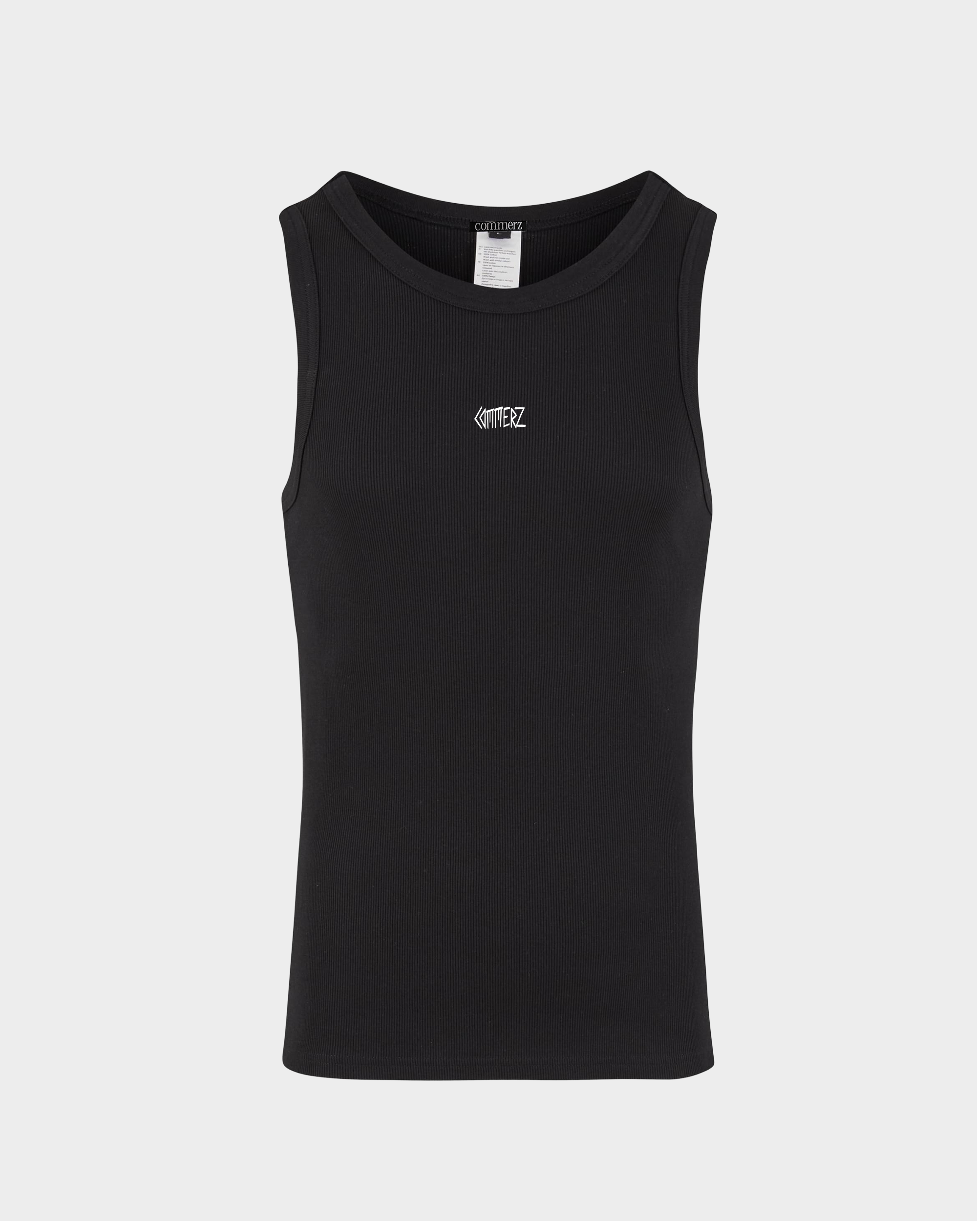 Schwarzes Tank Top mit weißer Aufschrift COMMERZ