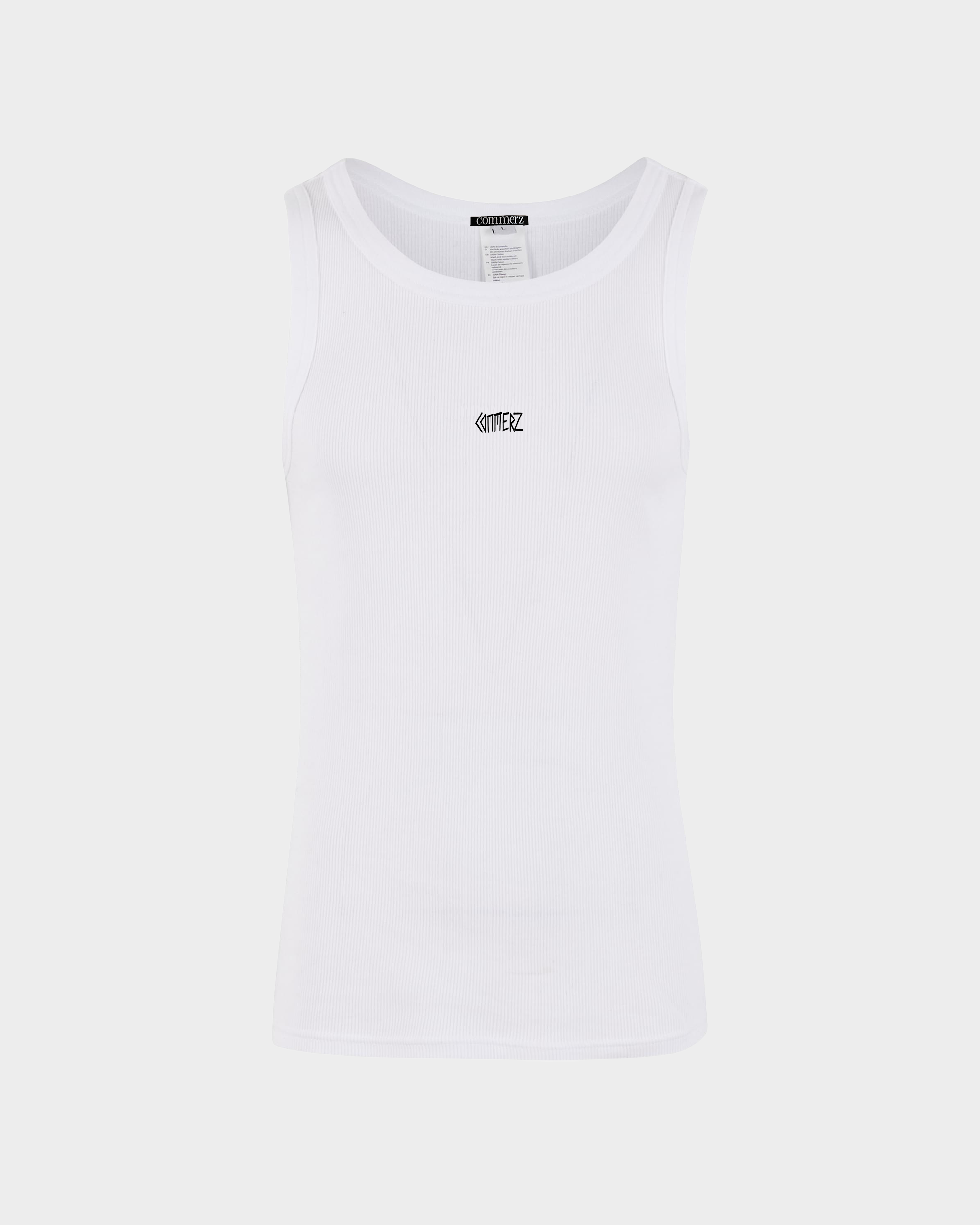 Weißes Tanktop mit schwarzer Aufschrift COMMERZ